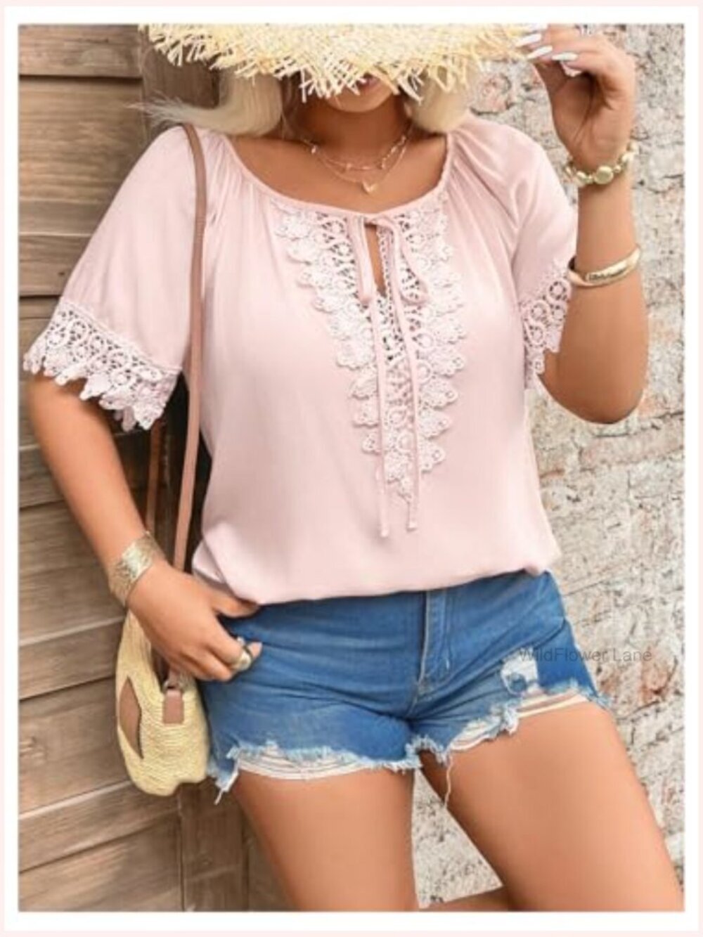 Plus Size Lace V Neck Blouse Short Sleeve Bow Tie Front Casual Summer Top - Picture 3 of 5